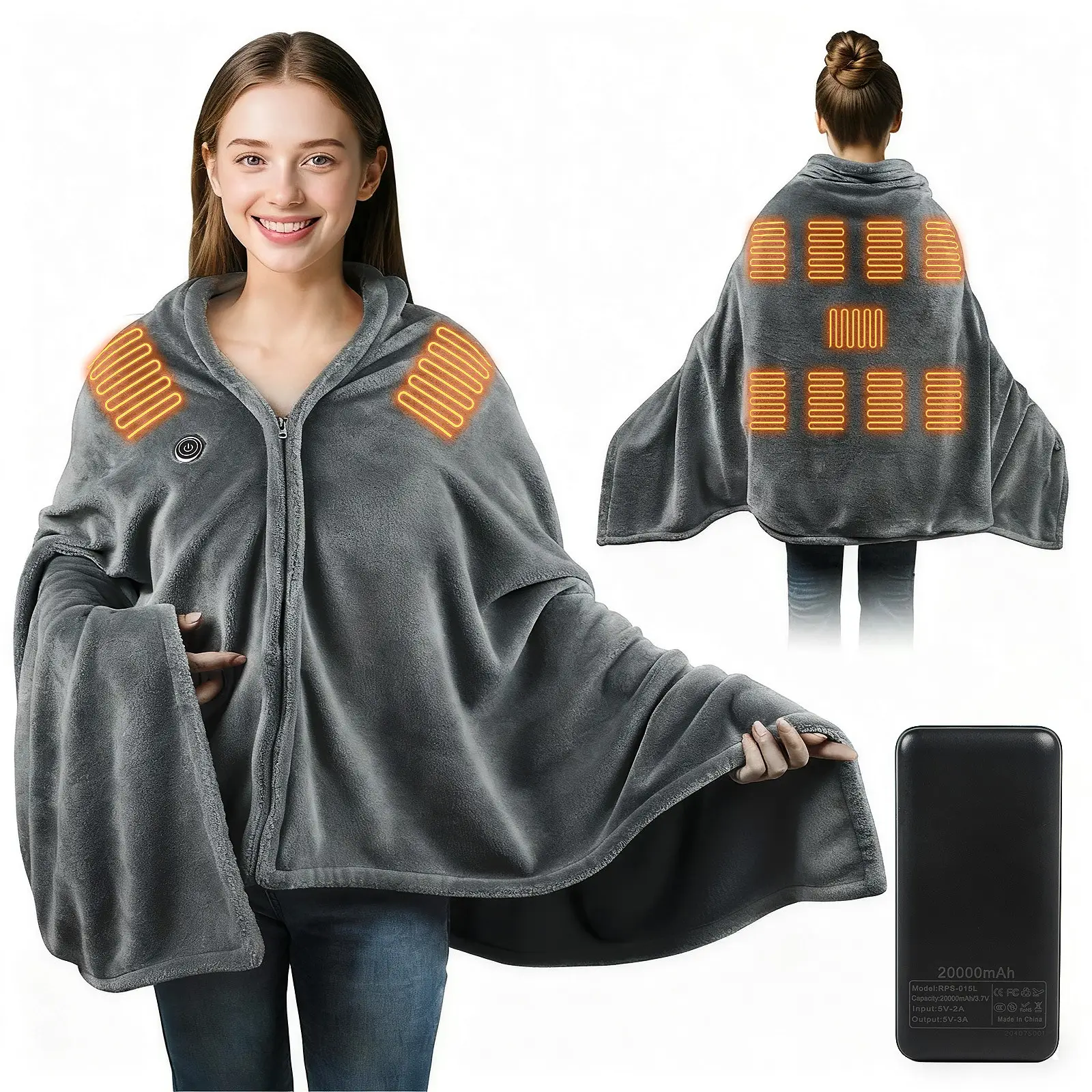 Wearable Heated Blanket Shawl - Battery Operated & USB Electric Throw - Cordless Portable Heating Wrap for Neck, Shoulder & Full Body - 3 Adjustable T