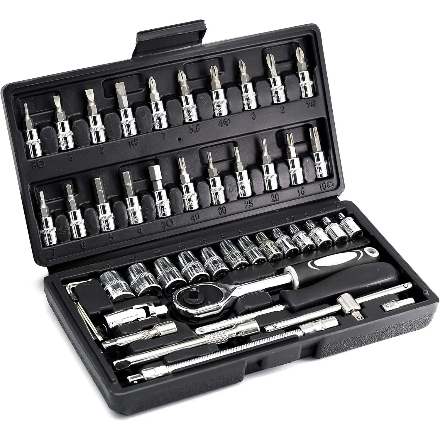 46PCS High-Quality 1/4 in Drive Hex Bit Socket Combination Tool Set - Metric Chrome Vanadium CR-V Socket, S2 Bit, Quick Release Extension Bars, Multifunctional Wrench Set for Household, Auto Repair Mechanics, Metric Sizes