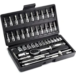 High Quality 46PCS 1/4 inch Drive Socket Set,Metric Ratchet Wrench Set with 4-14mm CR-V Sockets,S2 Bits,Extension Bars,Mechanic Tool Kits for Household Auto Repair