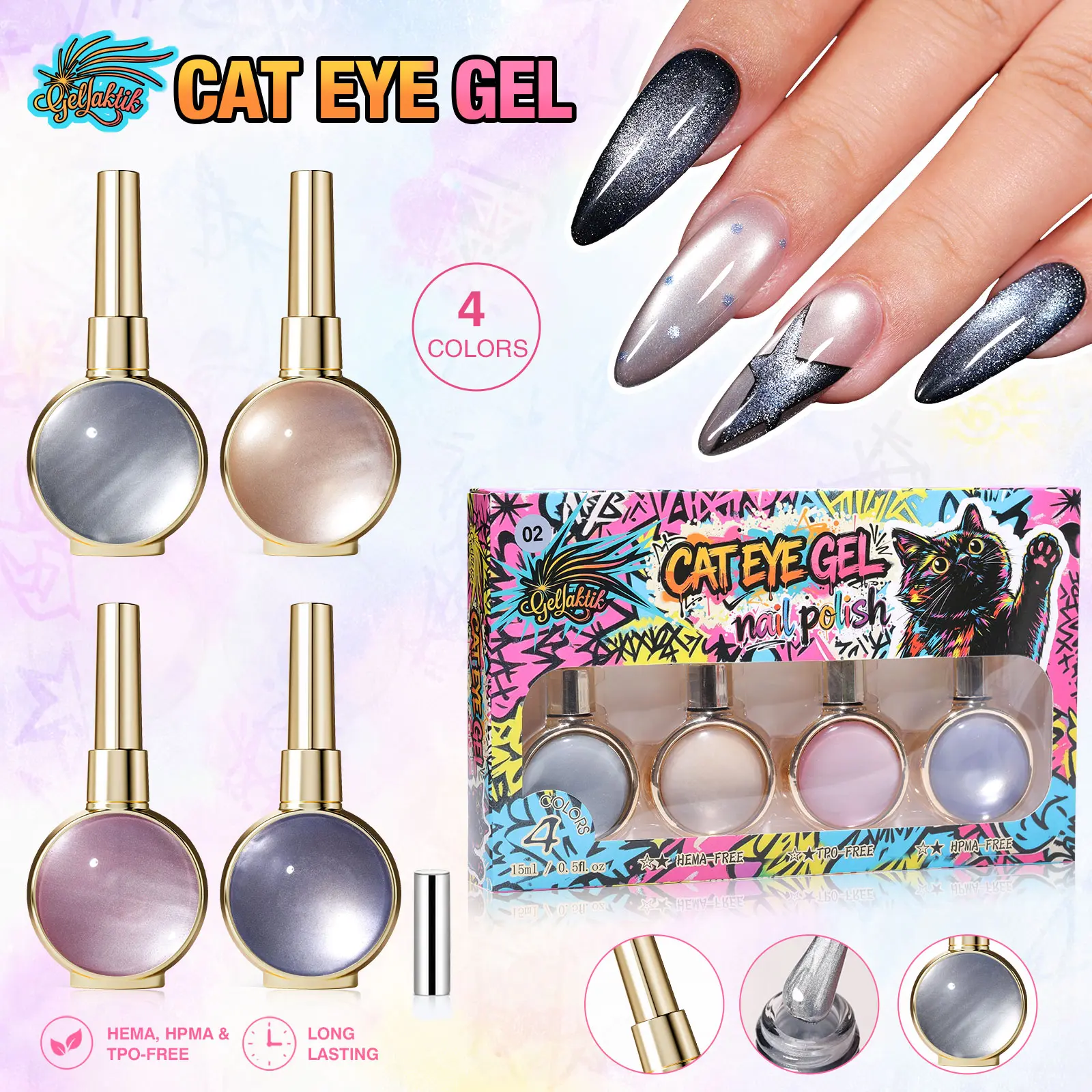 GELLAKTIK 4-Piece Cat Eye Magnetic Gel Polish Set, 15ml Soak Off Glitter Edition, UV/LED Cure Nail Art Kit for Women, Gel Nail Polish