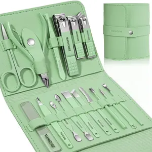 Manicure Set Professional Nail Clippers Pedicure Kit, 16 pcs Stainless Steel Nail Care Tools Grooming Kit with Luxurious Travel Leather Case for Thick Nails Men Women personalize Gift (Green)
