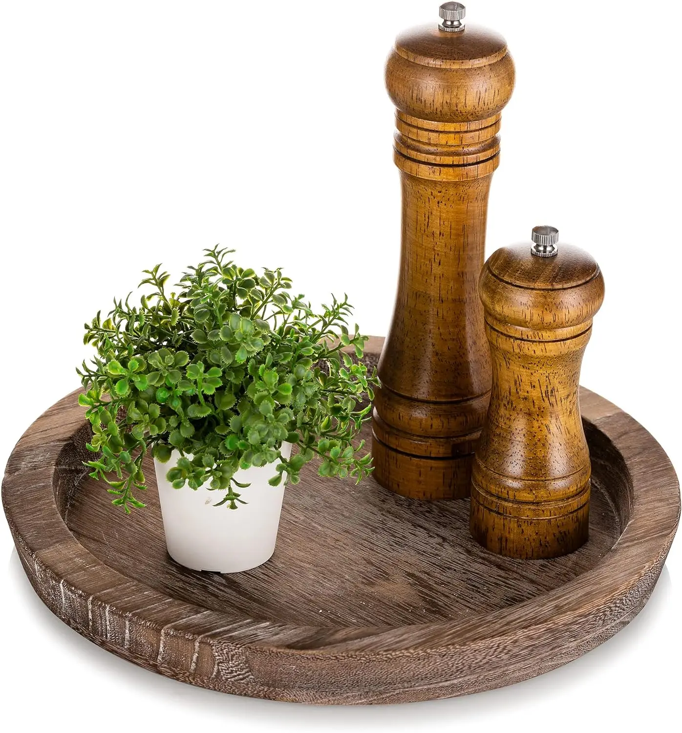 Rustic Wooden Serving Tray: Round Wood Butler Decorative Tray Vintage Centerpiece Candle Holder Trays Farmhouse Ottoman Tray for Decor Countertop Home Decor Accessories for Coffee Table