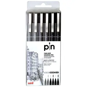 Uni Pin Fineliners, Black & Gray Set of 6