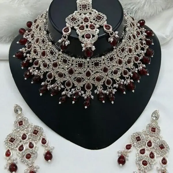 Fashion Indian Bridal Jewelry Choker set, Matching Earrings, Maang Tikka Adorned with White AD Stones - Popular for Wedding, Elegant Bridal Ensemble, Anniversary Gift