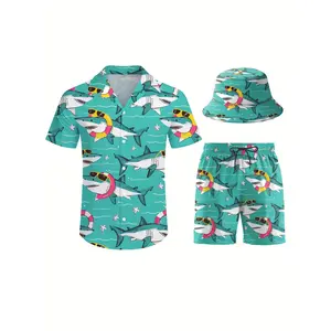 Men's 3pcs retro Outfit beach set, Shark with swim ring sportswear, Hawaiian sportswear set, shirt beach shorts and fisherman hat Bucket Hat Printed Tracksuit Print Casual