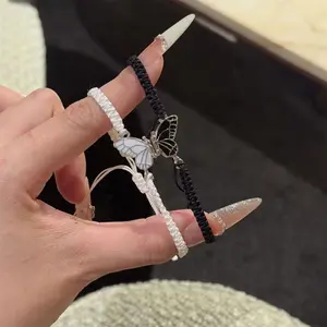 2pcs BFF Butterfly Braided Ankle Bracelets, Black Handmade Friendship Couples Adjustable Woven Anklet Set