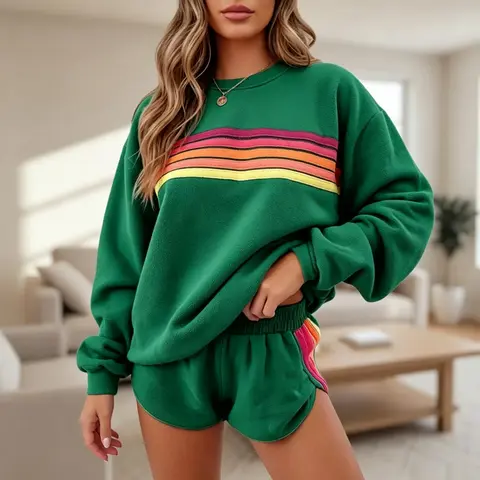 Women's 2-Piece Striped Lounge Set - Long Sleeve Pullover & Above-the-Knee Shorts, Bold Rainbow Cotton Soft Tracksuit, Retro Casual Clothes for Women Daily Outings