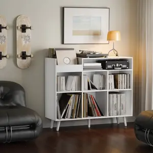 Cozy Castle Large Record Player Stand with Vinyl Storage Cabinet, Wood Turntable Table Open Shelf Holder Up to 500 Albums Cube Storage Organizer for Living Room, Office