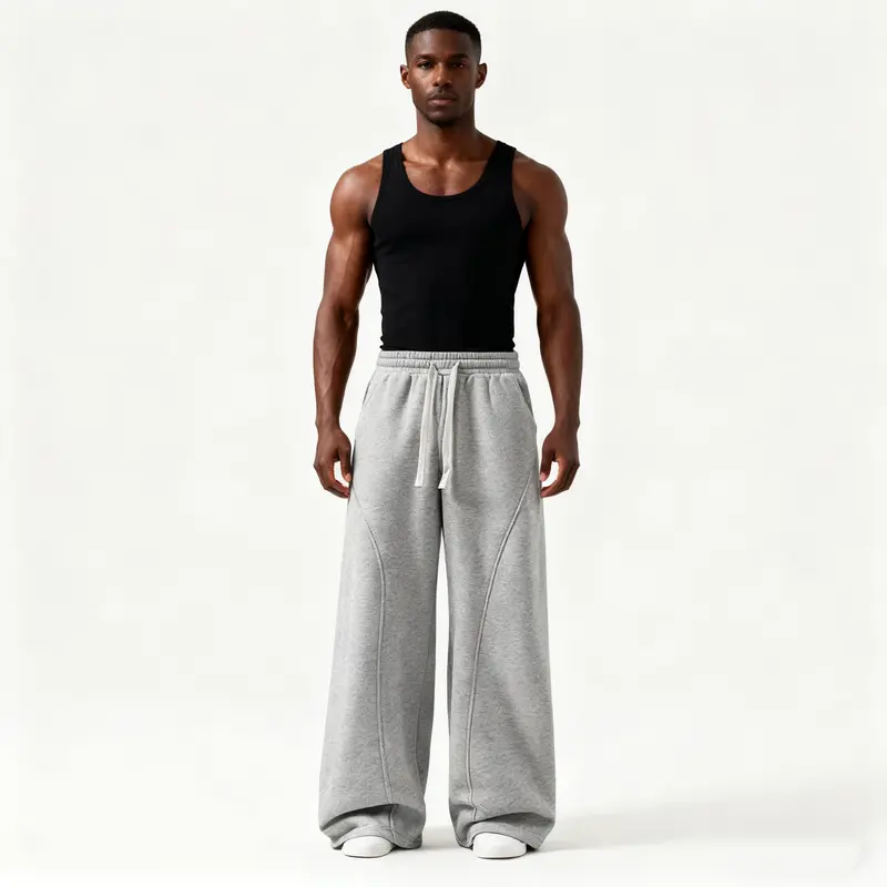 Men's Baggy Thermal-Lined Fleece Sweatpants - Basic Men's Clothing with Drawstring Waist, Wide-Leg, Ankle Length, Casual Look, Easy to Style, Loose Fit for Fall & Winter Daily School Wear