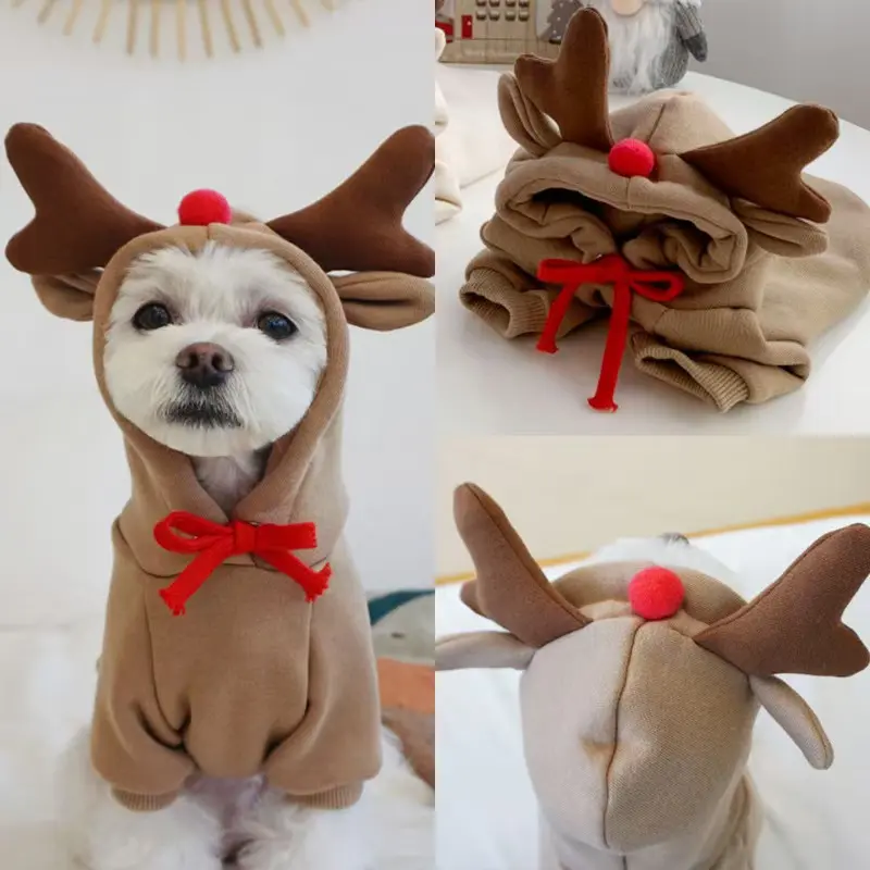 2 Pcs Christmas Reindeer Pet Hoodie - Warm Sweatshirt with Antler Hat for Dogs & Cats, Festive Holiday Costume Outfit for pets Winter Clothing