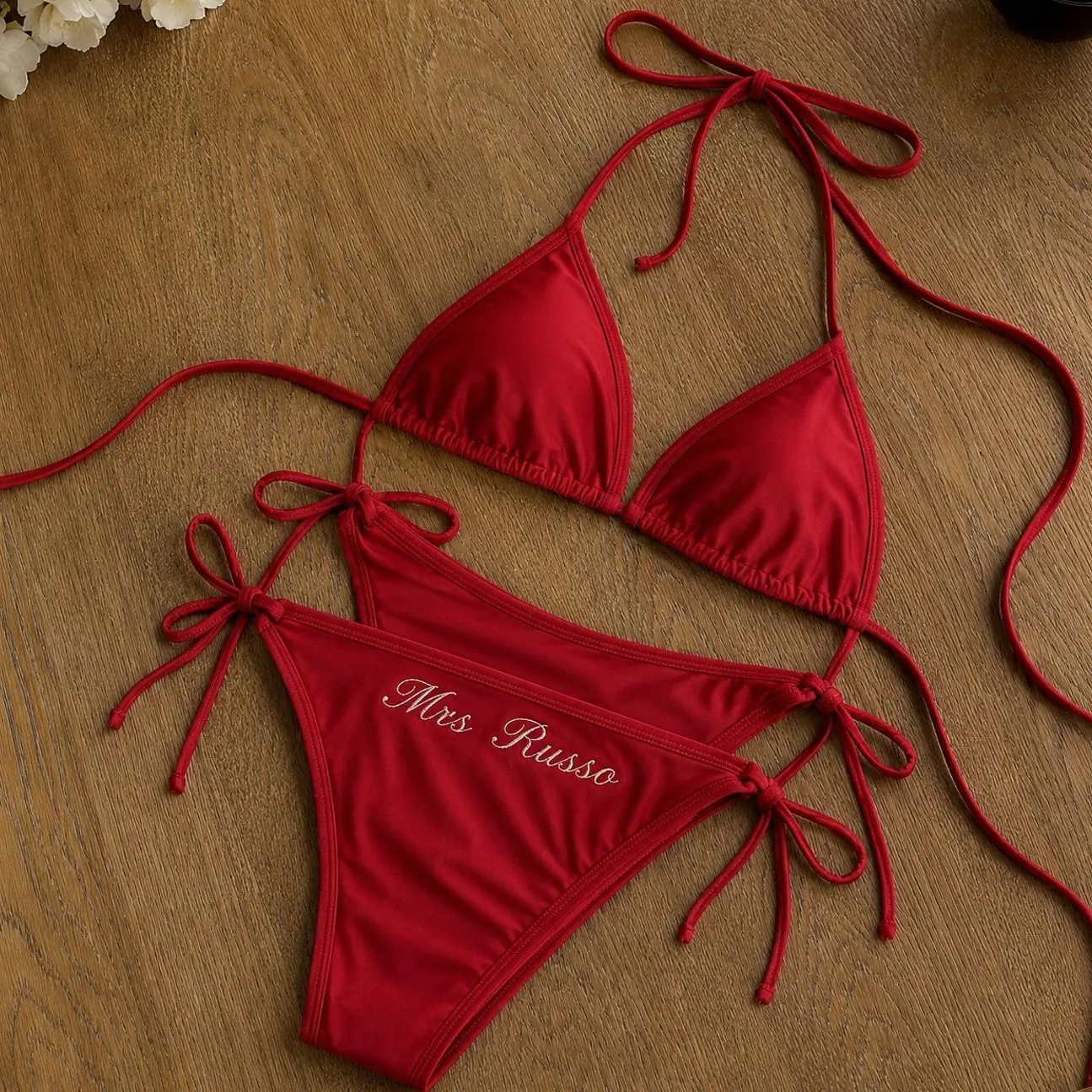 Personalized Embroidered Bride Bikini and Sarong Set, Custom Tie Side Swimwear for Bridal Shower, Bachelorette and Honeymoon
