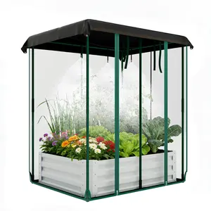Galvanized raised garden bed built with self-watering system, insect mesh and drip irrigation. Durable metal planter for growing vegetables, herbs and flowers, beige.