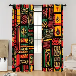 2 Piece Set Colorful Print Curtains, Vintage African Tribal Design, Polyester Material, Perfect for Living Room, Game Room, Bedroom Decor