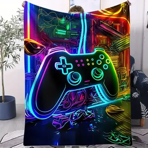 Cool Game Controller Flannel Throw Blanket, Soft Cozy Blanket, Soft, Plush, Warm Throw, Colorful Neon Design, Perfect for Home, Office, Travel or as a Gift for Teens Gamer, All-Season Use & Machine Washable Flannel Printed Blanket