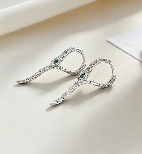Edgy Silver Snake Hoop Earrings for Women with Green Eyes, Electroplated Coiling Serpent Design Jewelry, Animal-Shaped Earrings, Reptile Motif Earrings