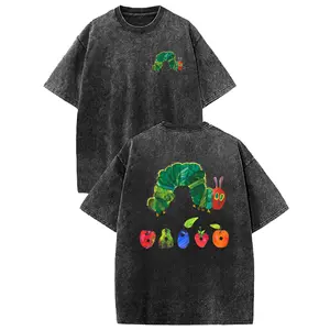 Digitex Unisex Caterpillar Graphic Acid Wash T-Shirt, 230G Heavyweight Washed Cotton Double-Sided Print Short Sleeve Casual Summer Tee for Streetwear, Travel and Everyday Wear