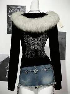 Women's Black Hoodie Coat with Wing Print, Gothic Streetwear Top for Night Out, Concert and Edgy Fashion Statement