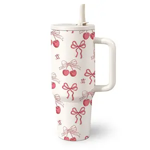 1 Pc 40 Oz Stainless Steel Water Cup with Handle and Straw, Cherry and Bow Cute Pattern Design, Double Wall Insulated Thermal Mug, Hot 12H/ Cold 24H, Sweet Girl Style Drinkware, Birthday and Gifts for Best Friends, Vacuum Insulated Tumbler