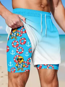 Men's Gradient Compression Shorts, Cartoon Duck Lifebuoy Nautical Print, Quick-Dry Surf Shorts with Phone Pocket, Summer Casual Running Shorts, Outdoor Summer Shorts