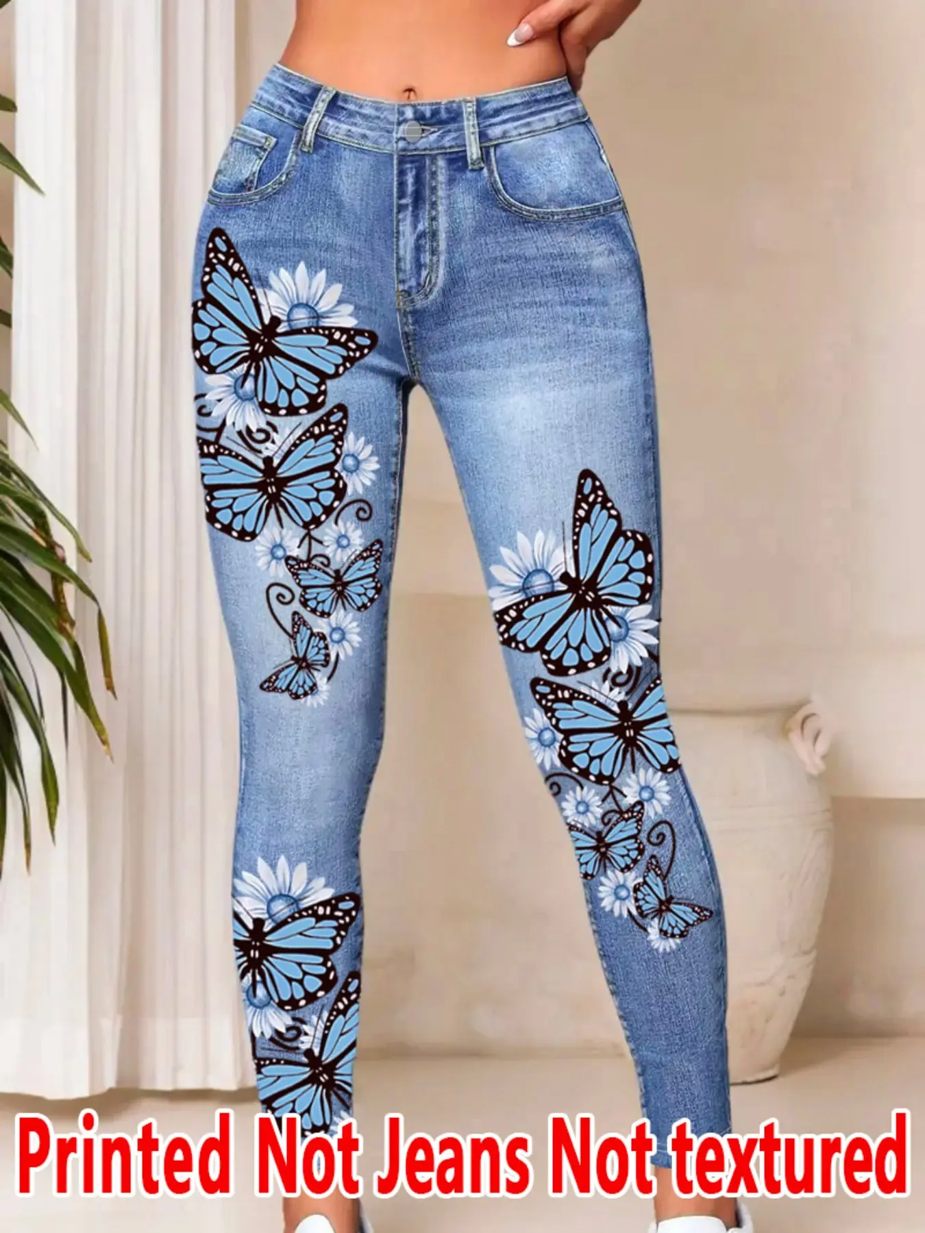 Women's Printed Tight-Fitting High Waist Skinny Pants, Womenswear, Non-Cowboy Fabric, Long Bottoms, Faux Cowboy Print Underwear, All Seasons Wear, Trouser, Fitted