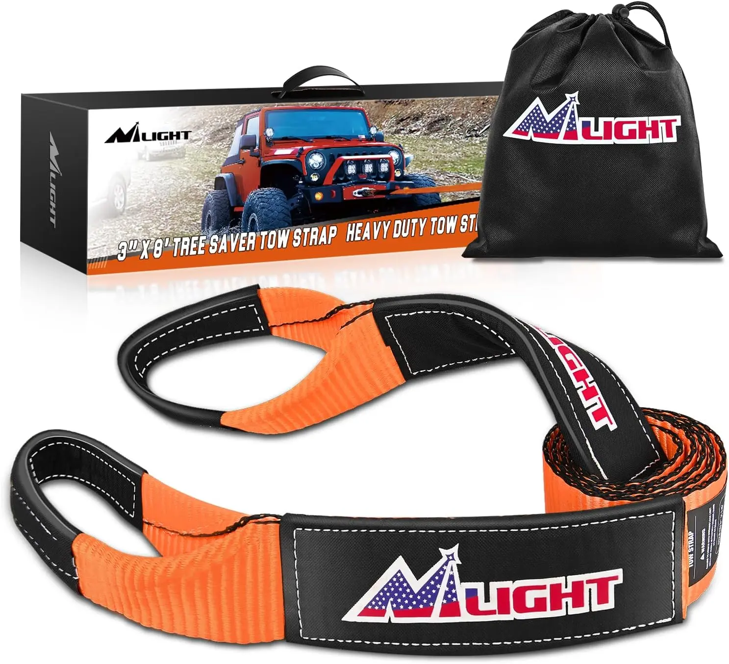 Nilight 3x8ft Polyester Tree Saver Tow Strap - Lab-Tested 31500lbs High-Strength Break Strength, Abrasion-Proof, UV-Resistant Heavy-Duty Truck Accessories with Reinforced Loops for Towing Vehicles, SUVs