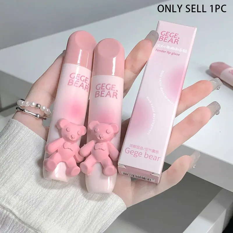 Gege Bear Tinted Cute Lip Gloss Balm - Soft-Matte Velvet Lip Mousse, Natural & Brightening for Everyday Wear, Affordable for Students