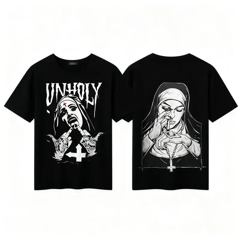 Unholy Nun Graphic Cotton T-Shirt - Edgy Gothic Streetwear for Alternative Fashion Lovers, Bold Dark Art Tee, XS-3XL good