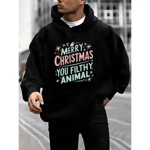 [Cozy Kangaroo Pocket Hoodie] Cozy Merry Christmas Men's Hoodie - Plush Fleece Pullover with Kangaroo Pocket, Long Sleeve, Casual Streetwear for Fall & Winter Hoodie