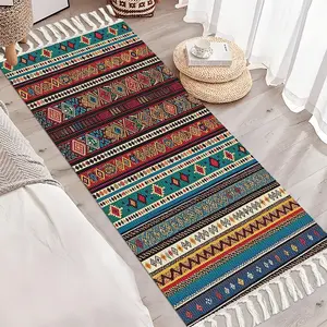1pc 100% Polyester Woven Bedside Rug, Ethnic Stripe Footrest Mat, Bedroom Exclusive Cloud-Like Velvet, Dense Pattern, Minimalist Sleep Companion