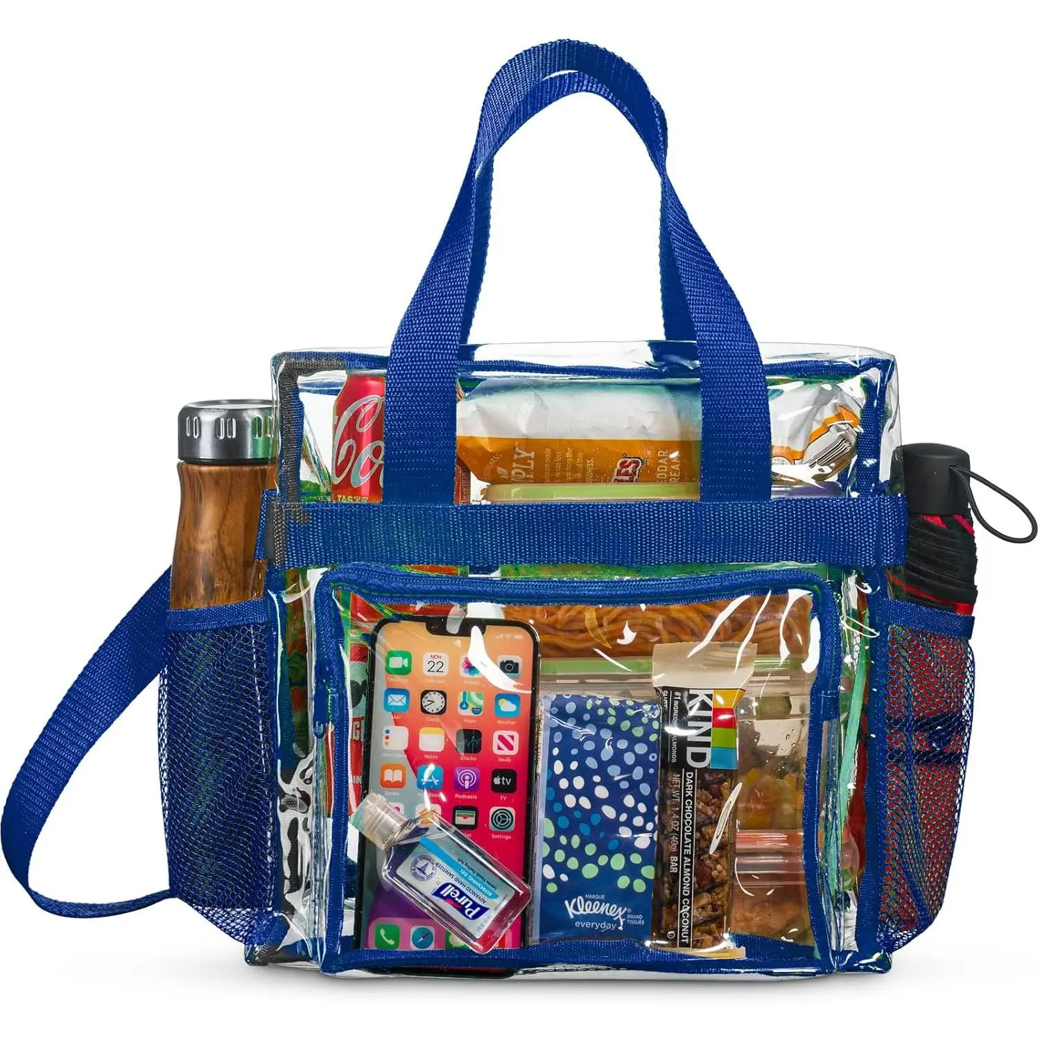 Stadium Approved Clear lunch Bag (Large) with Adjustable Strap, Front Storage Compartment, and Mesh Pockets