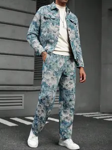 Men's Fall Winter Long Sleeve Fitted Shirt and Pants Set Outfit, Color-Weaved Jacquard Fabric, Casual Style, Family Gathering & Daily Wear
