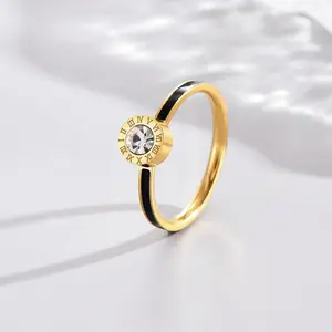 Black enamel bezel set roman numeral RING - Gold - CZs - size 8