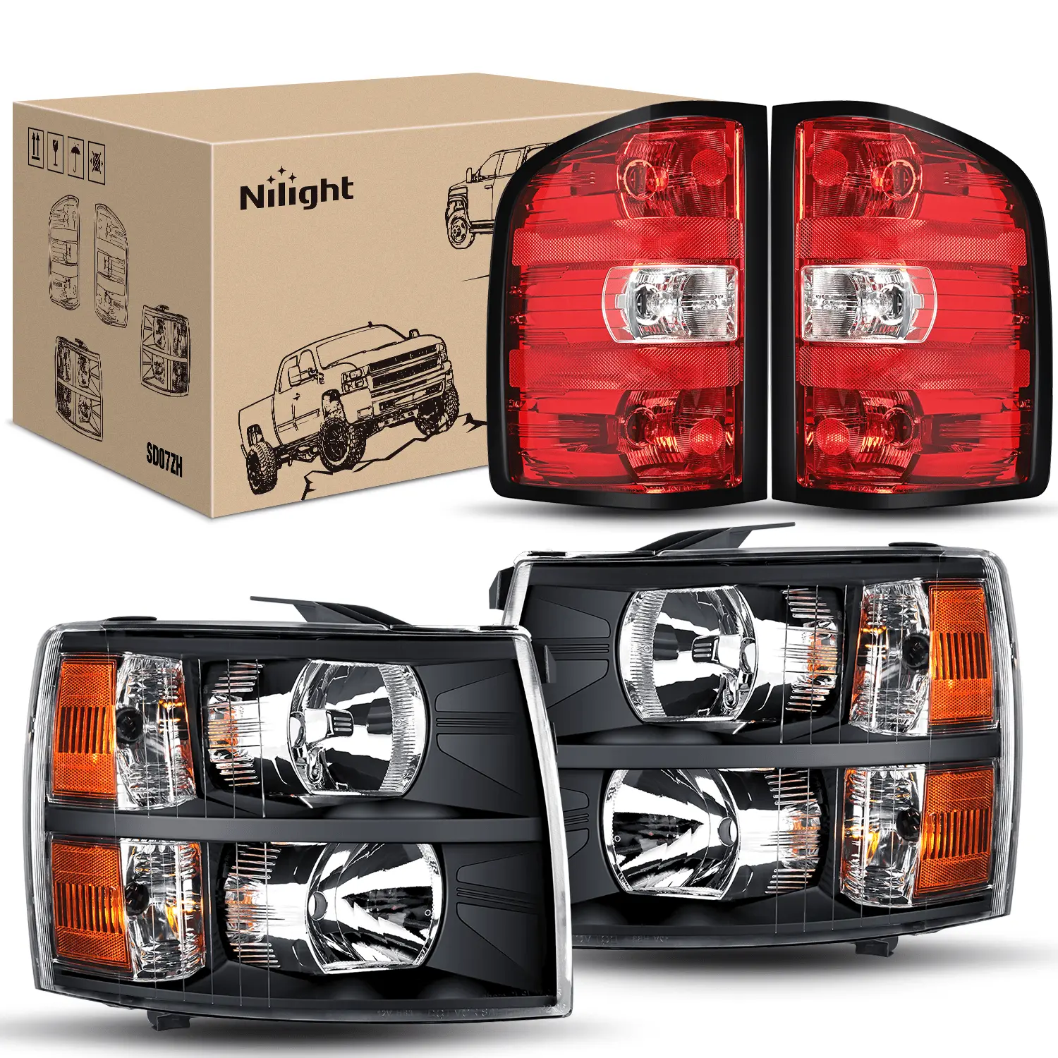 Nilight Car Light Set - Vehicle Specific Fit Headlights & Rear Taillights for Chevy Silverado, 2007-2013 1500 & 2007-2014 2500HD/3500HD, Black Housing Amber Reflector, Red Housing PP Polypropylene