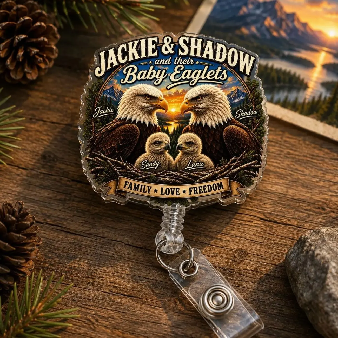 Jackie the Eagle Badge Reel, Bald Eagle Jackie And Shadow ID Holder, Eagle Remembrance Gift