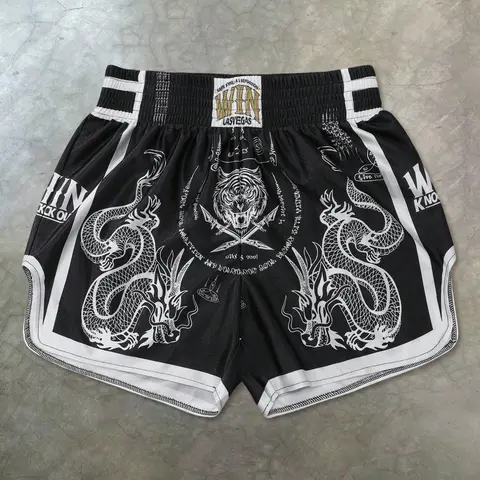 Professional Muay Thai Training Shorts for Men - Dragon & Tiger Graphic MMA Boxing Trunks, Graphic Fitness Shorts, Athletic Wear Shorts, Breathable Quick-Dry Athletic Shorts with Wide Waistband, Sports Shorts for Kickboxing & Gym Workout
