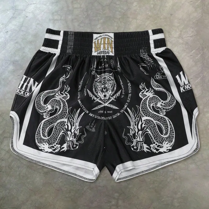 Professional Muay Thai Training Shorts for Men - Dragon & Tiger Graphic MMA Boxing Trunks, Graphic Fitness Shorts, Athletic Wear Shorts, Breathable Quick-Dry Athletic Shorts with Wide Waistband, Sports Shorts for Kickboxing & Gym Workout