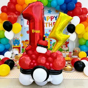 44-Piece Cartoon Number Theme Lightning Bolt Kids Birthday Party Photo Decoration Set, Includes 32 Inch Digit Balloon, Latex & Long Strip Balloons