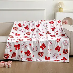 Pink Bow Baseball Blanket for Teen Girls Cute Soft Soccer Softball Football Flannel Throw Blanket Washable Aesthetic Fuzzy Fleece Throw for Couch Sofa Bed Decor, Valentine Galentines Day Gift