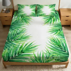 2/3 Pcs Tropical Plant Border Theme High-Definition Digital Printed Pattern Bedding Fitted Sheet Set(1*Fitted Sheet Set+1/2*Pillowcase,no Filling),With Zipper,Machine Wash,Multiple Sizes Suitable For All Seasons,Suitable For Bedrooms,Gift For Family