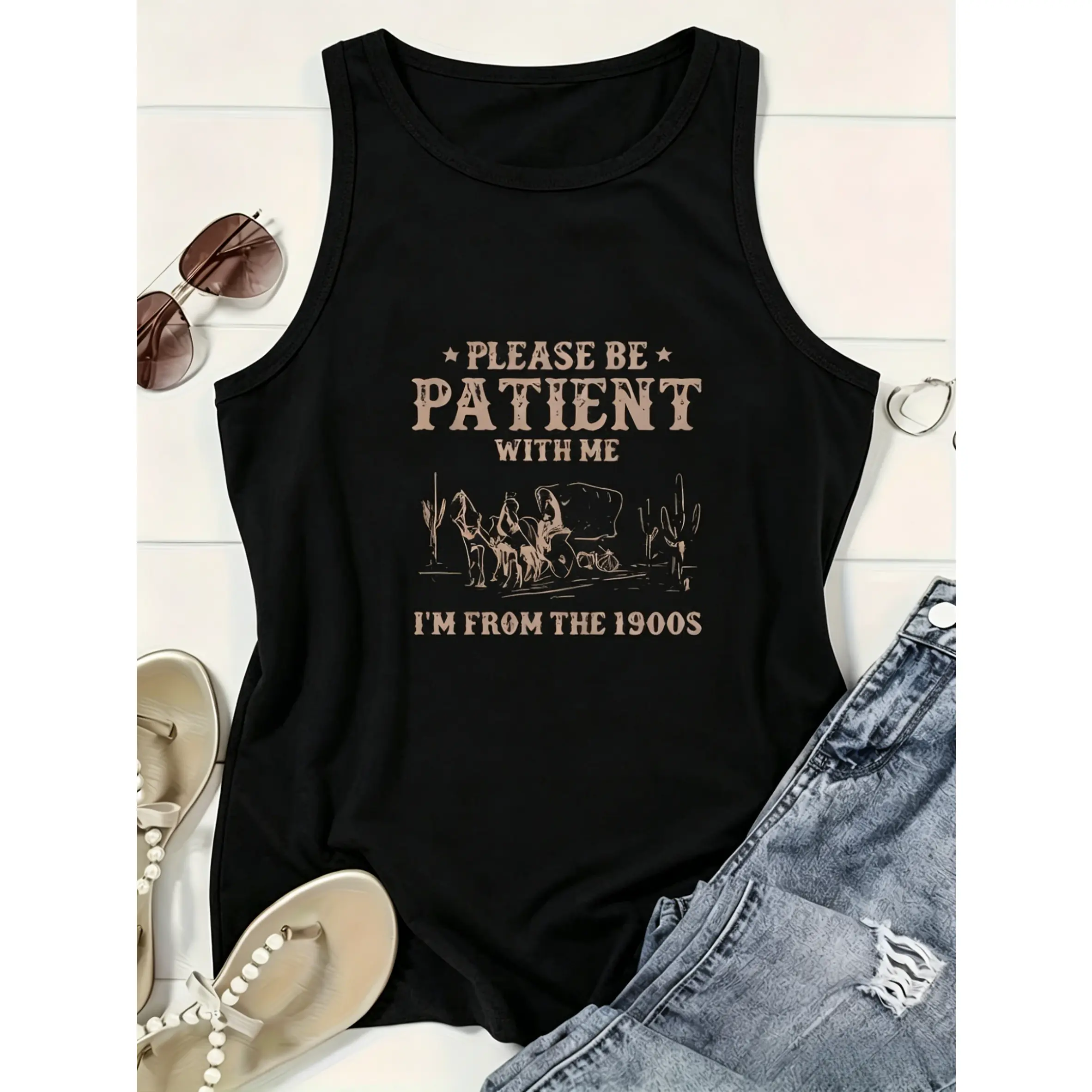 Plus Size - Please Be Patient with Me, I Come from The 1900S. Women'S Plus-Size Top - Fun Cartoon Letter Print, Round Neck Casual - Machine Washable, Trendy Women'S Clothing