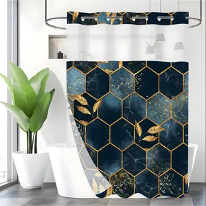 Leaf Honeycomb Pattern Shower Curtain, 1 Count Waterproof Bathroom Curtain with 12pcs Hooks, Bathroom Decor Supplies for Home Hotel Salon Dormitory