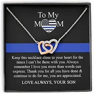 Police Mom Necklace Gift, Thin Blue Line Jewelry For Mom, Mom of Police Officer Present, Mom of Law Enforcement, Mothers Day From Son, Two Hearts Necklace, Personalized Police Jewelry For Her. Necklace Jewelry With Meaningful Messages Card & Box