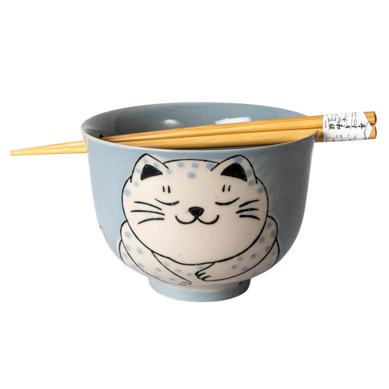 Blue Chubby Kitty Cat Sleeping Ceramic Donburi Ramen Bowl With Chopsticks Set