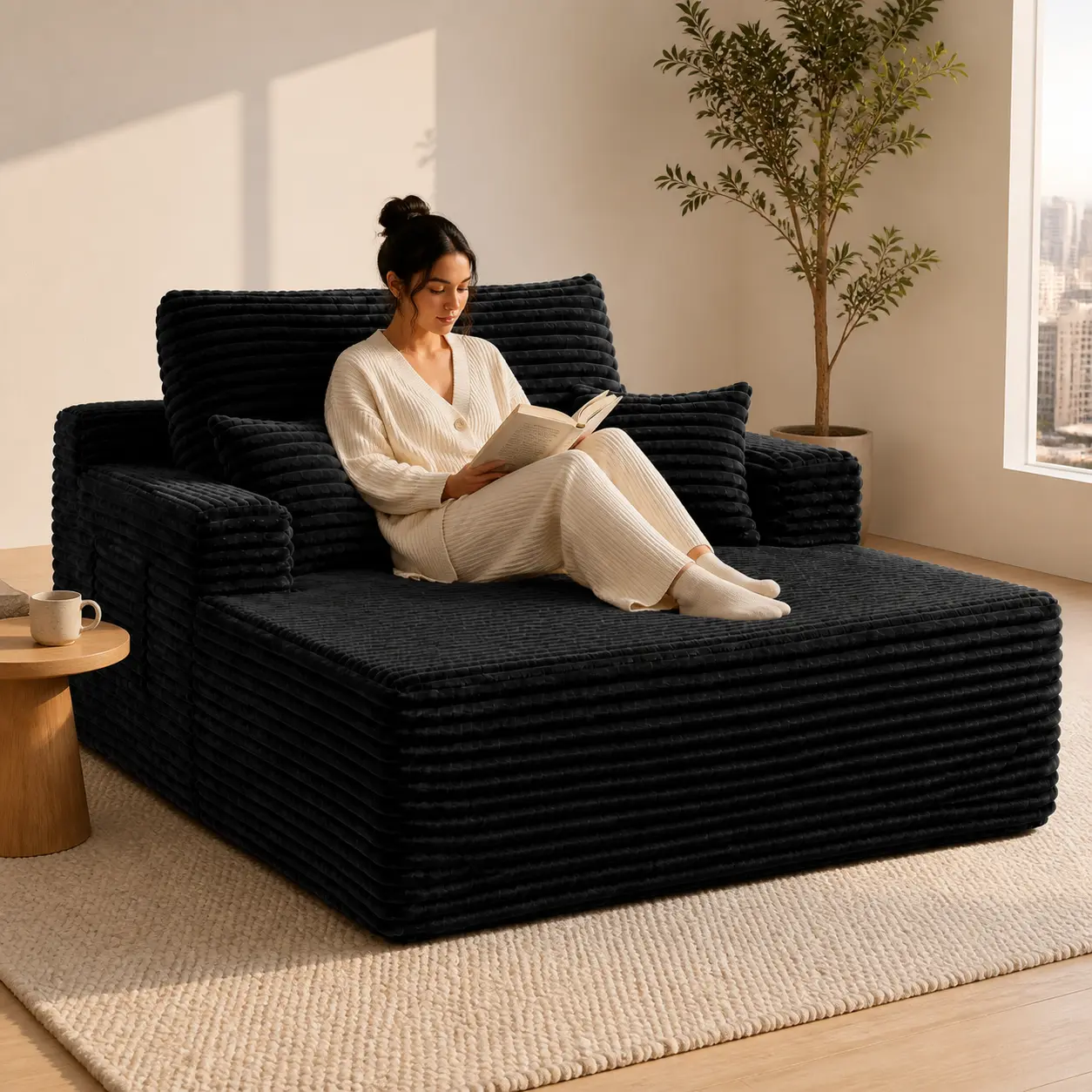 Plush Ribbed Corduroy Lazy Style Floor Sofa - 47.24 in W x 66.93 in D x 25.6 in H Oversized No-Assembly Boneless Base Chaise Lounge, Soft Squishy Living Room Furniture with Storage Side Pocket & Pillows, After-Work Crash Spot for Bedroom Movie Nights