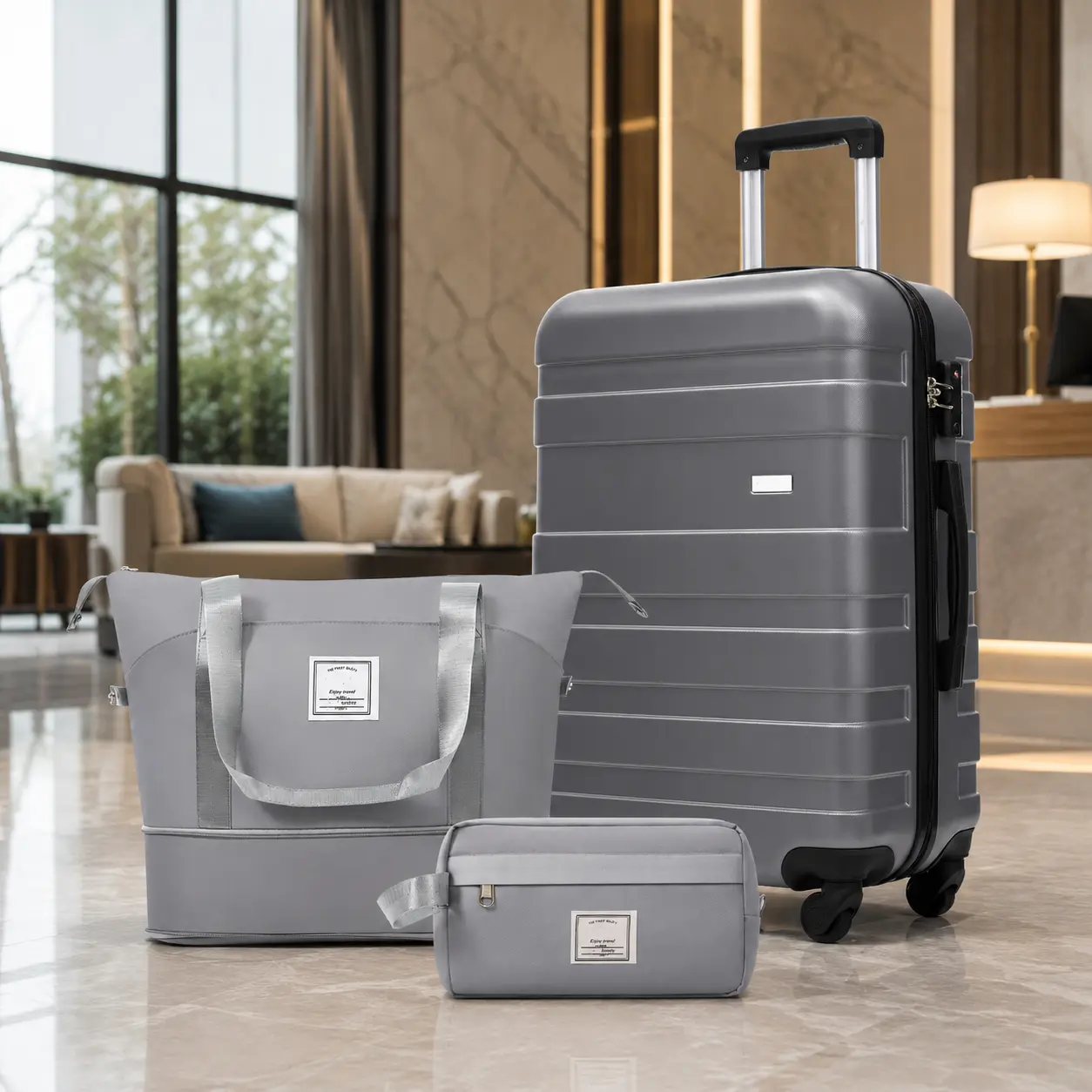 Fahuac 3-Piece Durable Luggage Set - ABS Plastic, 24" Checked Spinner Roller, TSA Lock, Duffle Bag, Wet-Dry Toiletry Bag, Laptop Front Slot, Lightweight, Crash Resistant, Built-In Organizer, Hand Wash Only
