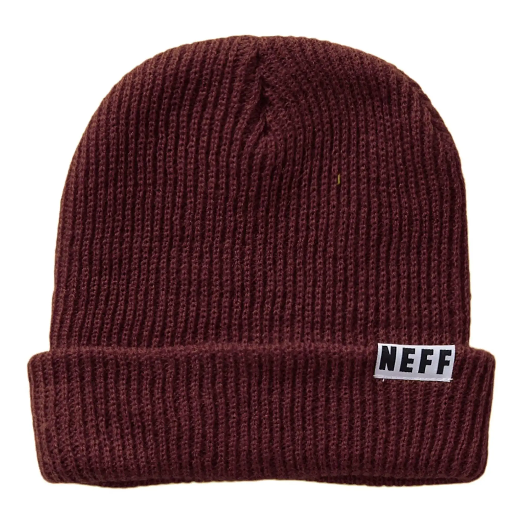 Unisex Cuffed Beanie, Soft Thick Knit Winter Hat in Maroon, 100% Acrylic Casual Hat with Foldable Cuff & Woven Logo