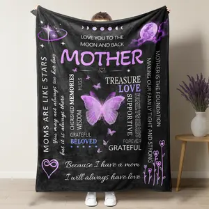 For Mother's Day Mother Quote "Love You To The Moon And Back" Plush Blanket, Pink Butterfly & Moon Phase Graphic Soft Fleece Throw Blanket, Perfect for Moms, Mother's Day Gifts & Sentimental Family Love Enthusiasts