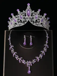 A set of bridal accessories, including a purple crown, a simple necklace, and earrings, consisting of 4 wedding accessories. The wedding dress and formal jewelry are also suitable for use at weddings, parties, and gatherings