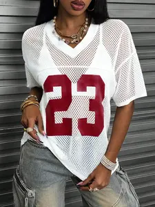 Women's Casual Fitted Everyday Beach Vacation Hoodie, Breathable Mesh Fabric, '23' Print, V Neck, Drop Shoulder, Street Sport Style, Perfect for Sports, Tops