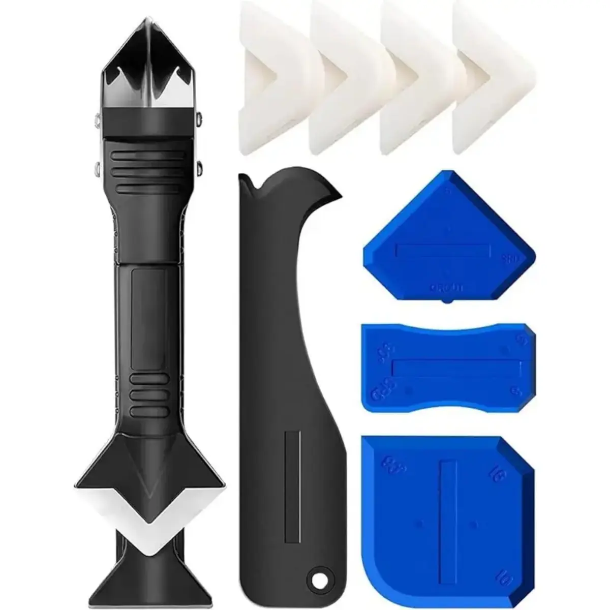 5-in-1 Stainless Steel Caulking Tool Kit - 1-Hand Grip Silicone Sealant Finisher, Flat Angle Scraper, Grout Remover, Sink & Glass Cement Opener for Bathroom, Kitchen